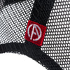ABSOLUTE360 Signature Trucker Hat in white with black mesh, detailed mesh fabric with embroidered logo on white background