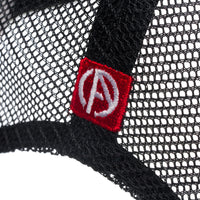 ABSOLUTE360 Signature Trucker Hat in white with black mesh, detailed mesh fabric with embroidered logo on white background