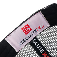 ABSOLUTE360 Signature Trucker Hat in white with black mesh, detailed woven label on white background