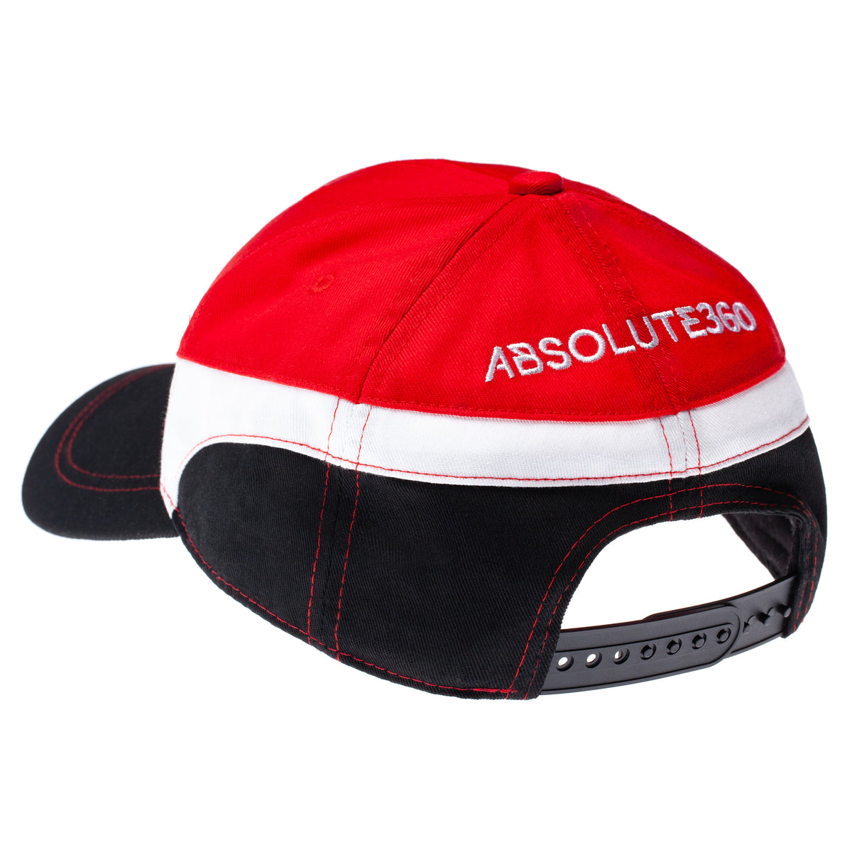ABSOLUTE360 Logo Team Cap in red, black and white, back view on white background