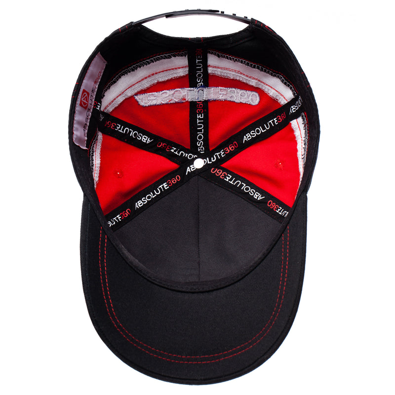 ABSOLUTE360 Logo Team Cap in red, black and white, inside view on white background