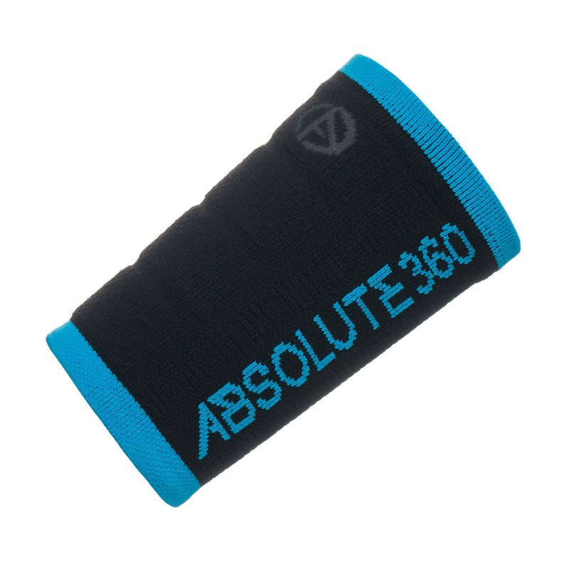 ABSOLUTE360 black wristband with blue accents and text, product image on white background