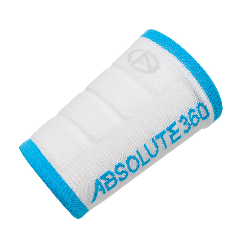 ABSOLUTE360 white wristband with turquoise accents and text, product image on white background