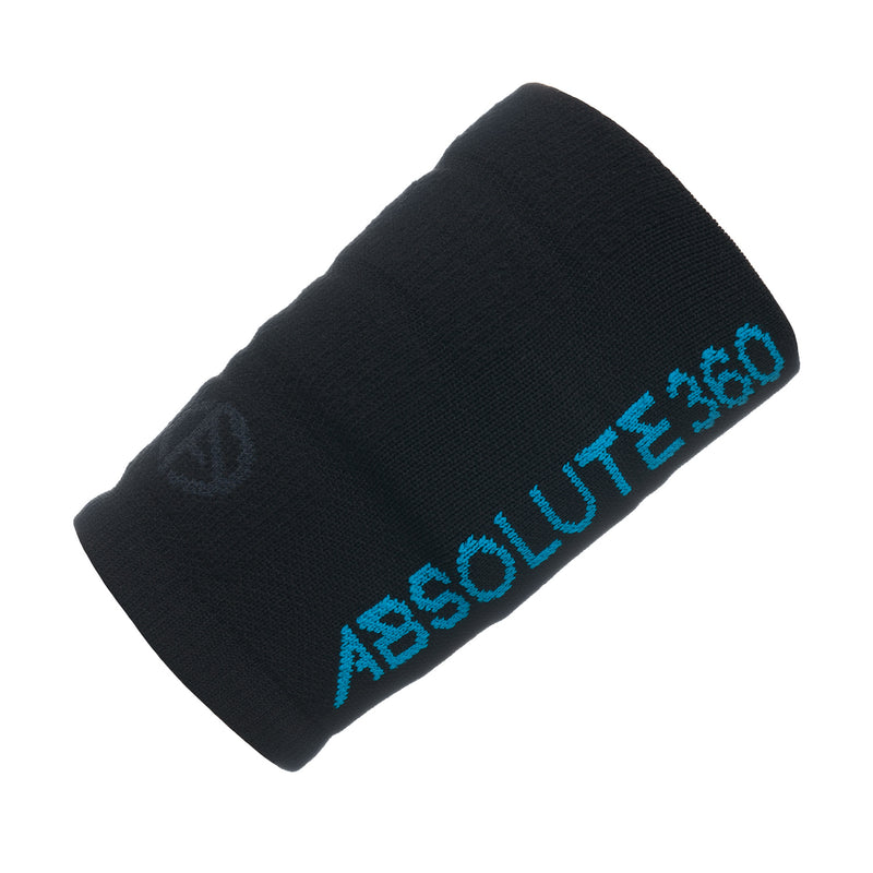 ABSOLUTE360 black wristband with pocket, showing branding text, product image on white background