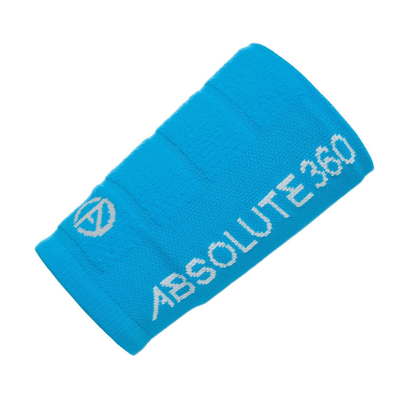 ABSOLUTE360 turquoise wristband with pocket, showing branding text, product image on white background
