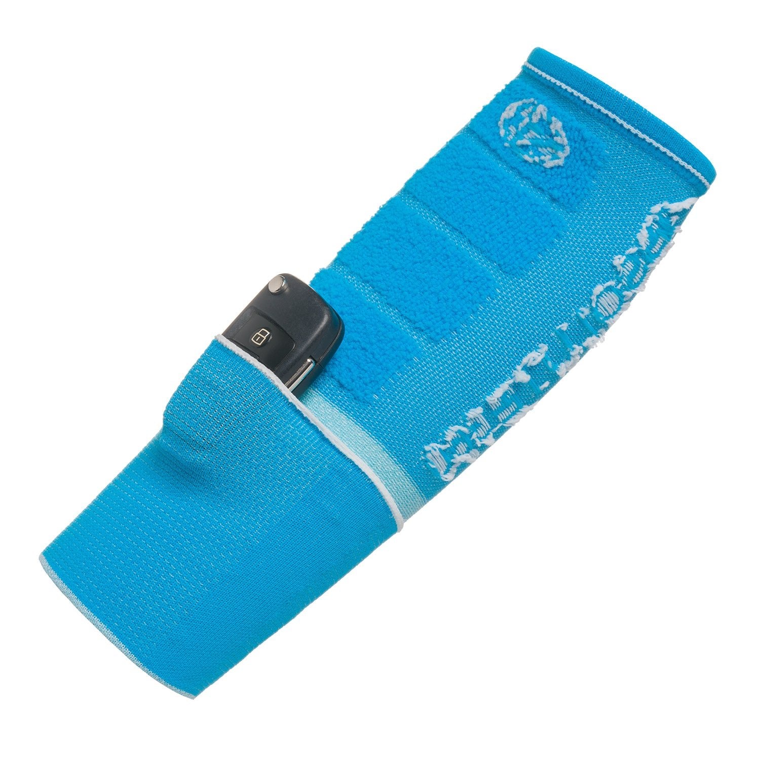 ABSOLUTE360 turquoise wristband with pocket, showing car key in pocket, product image on white background