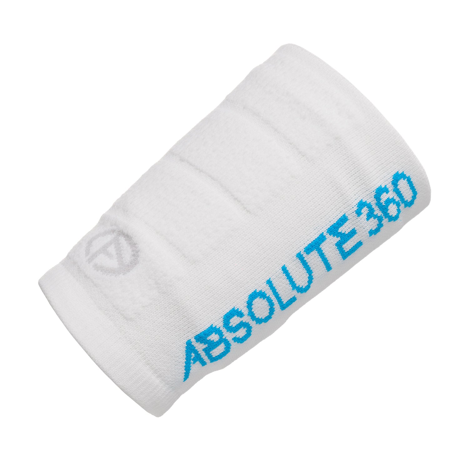 ABSOLUTE360 white wristband with pocket, showing branding text, product image on white background