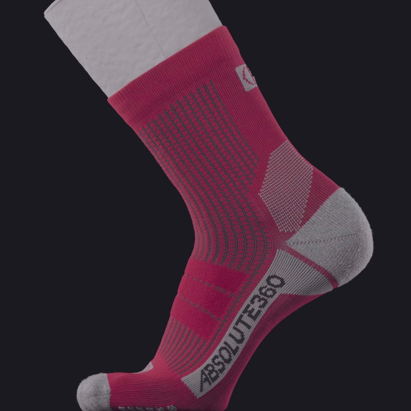 ABSOLUTE360 red and grey quarter running sock, product video on black background