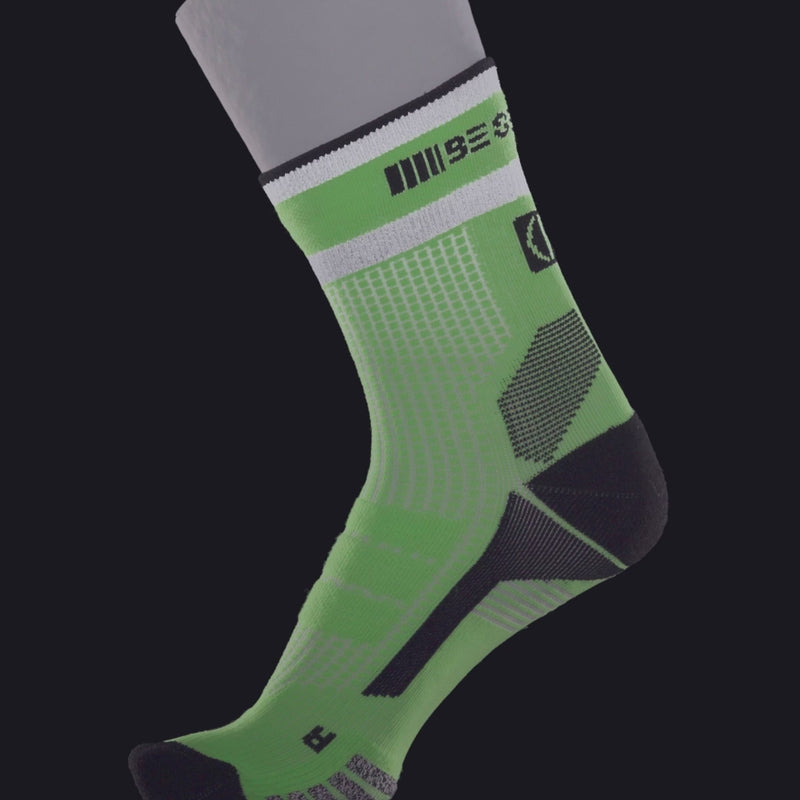 ABSOLUTE360 neon green high-vis quarter running sock, product video on black background