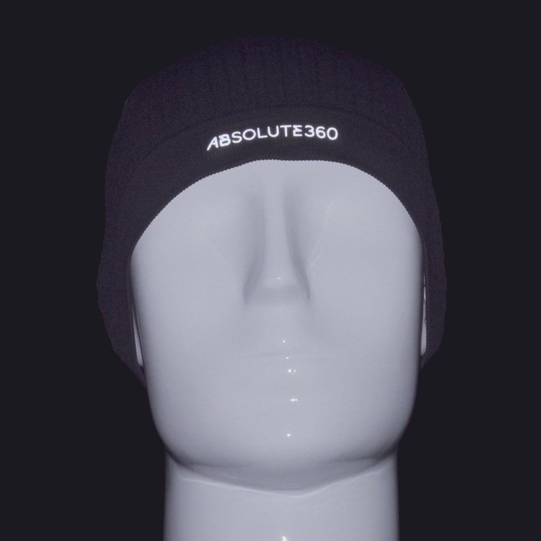 ABSOLUTE360 black beanie with reflective logo for running, sports, and outdoor activities, product video on black background