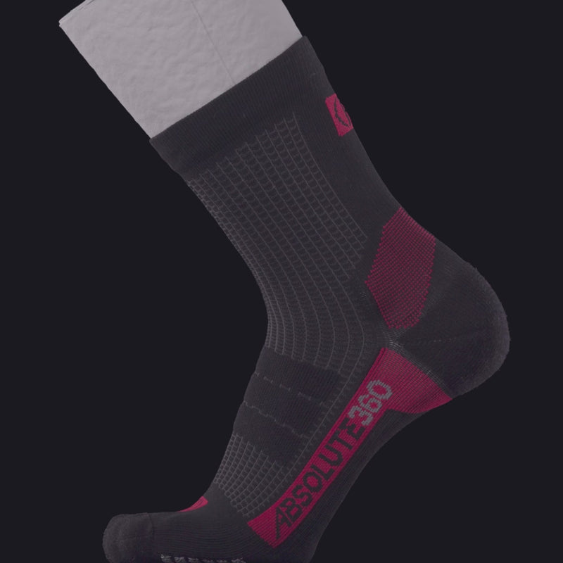 ABSOLUTE360 black and red quarter running sock, product video on black background