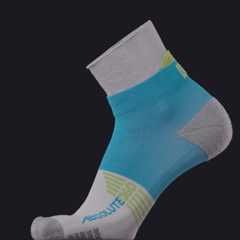 ABSOLUTE360 turquoise and white ankle running sock, product video on black background