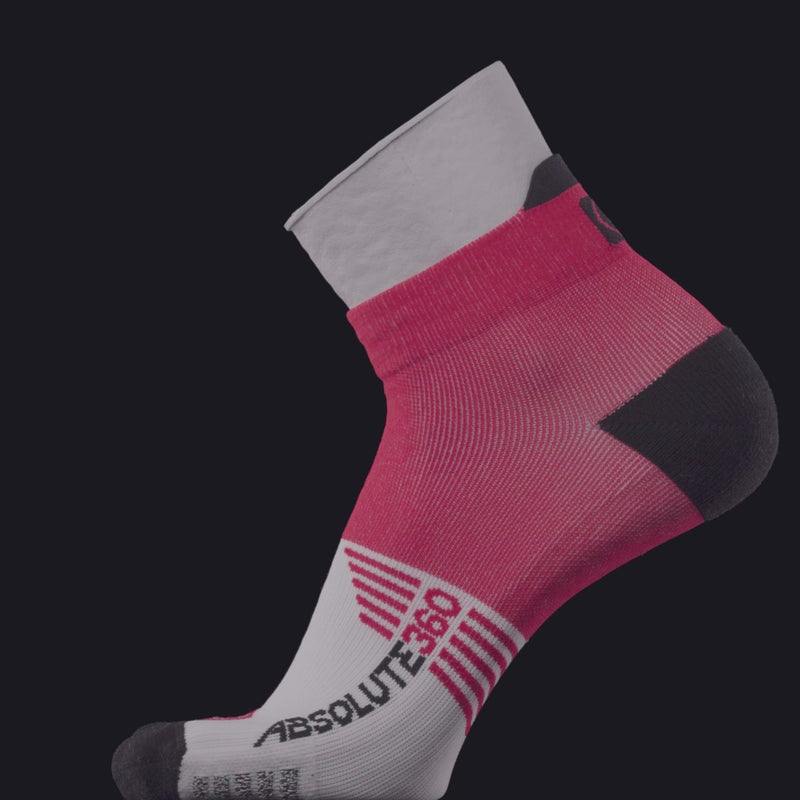 ABSOLUTE360 red and white ankle running sock, product video on black background