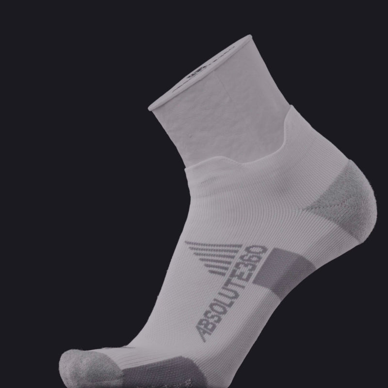 ABSOLUTE360 white low-cut running sock, product video on black background