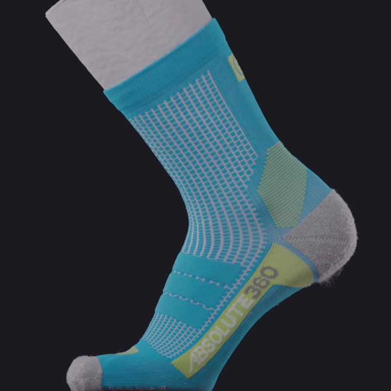 ABSOLUTE360 turquoise and lime quarter running sock, product video on black background